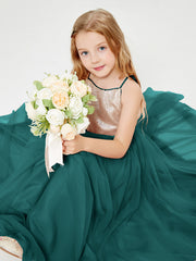Long Junior Bridesmaid Gown Sequined Top Tulle Skirt Peacock
