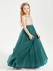 Long Junior Bridesmaid Gown Sequined Top Tulle Skirt Peacock