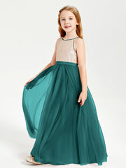 Long Junior Bridesmaid Gown Sequined Top Tulle Skirt Peacock