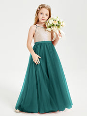 Long Junior Bridesmaid Gown Sequined Top Tulle Skirt Peacock
