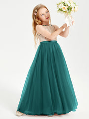Long Junior Bridesmaid Gown Sequined Top Tulle Skirt Peacock