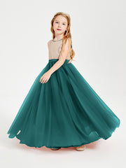 Long Junior Bridesmaid Gown Sequined Top Tulle Skirt Peacock