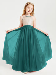 Long Junior Bridesmaid Gown Sequined Top Tulle Skirt Peacock
