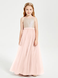 Long Junior Bridesmaid Gown Sequined Top Tulle Skirt Pearl Pink