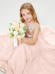 Long Junior Bridesmaid Gown Sequined Top Tulle Skirt Pearl Pink
