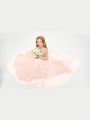 Long Junior Bridesmaid Gown Sequined Top Tulle Skirt Pearl Pink