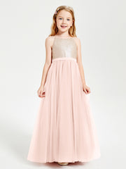 Long Junior Bridesmaid Gown Sequined Top Tulle Skirt Pearl Pink