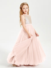 Long Junior Bridesmaid Gown Sequined Top Tulle Skirt Pearl Pink