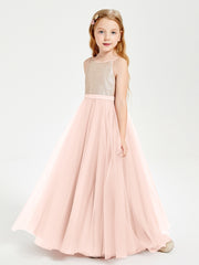 Long Junior Bridesmaid Gown Sequined Top Tulle Skirt Pearl Pink