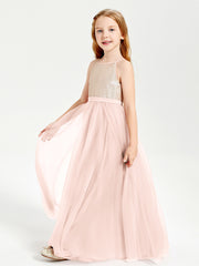 Long Junior Bridesmaid Gown Sequined Top Tulle Skirt Pearl Pink