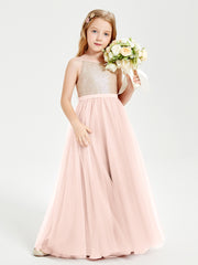 Long Junior Bridesmaid Gown Sequined Top Tulle Skirt Pearl Pink