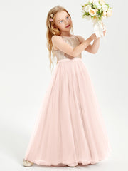 Long Junior Bridesmaid Gown Sequined Top Tulle Skirt Pearl Pink
