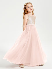 Long Junior Bridesmaid Gown Sequined Top Tulle Skirt Pearl Pink