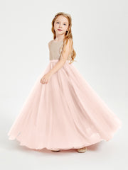 Long Junior Bridesmaid Gown Sequined Top Tulle Skirt Pearl Pink