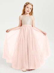 Long Junior Bridesmaid Gown Sequined Top Tulle Skirt Pearl Pink