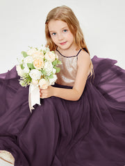 Long Junior Bridesmaid Gown Sequined Top Tulle Skirt Plum