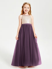 Long Junior Bridesmaid Gown Sequined Top Tulle Skirt Plum