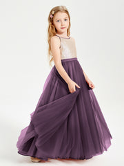 Long Junior Bridesmaid Gown Sequined Top Tulle Skirt Plum