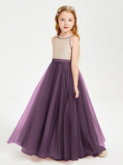 Long Junior Bridesmaid Gown Sequined Top Tulle Skirt Plum