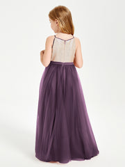 Long Junior Bridesmaid Gown Sequined Top Tulle Skirt Plum