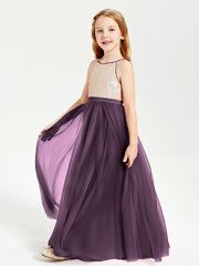 Long Junior Bridesmaid Gown Sequined Top Tulle Skirt Plum