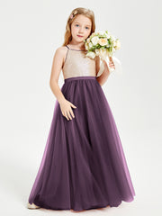 Long Junior Bridesmaid Gown Sequined Top Tulle Skirt Plum