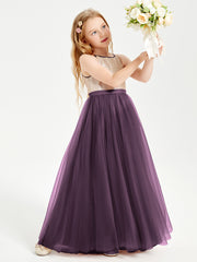 Long Junior Bridesmaid Gown Sequined Top Tulle Skirt Plum