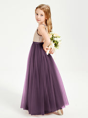 Long Junior Bridesmaid Gown Sequined Top Tulle Skirt Plum