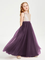 Long Junior Bridesmaid Gown Sequined Top Tulle Skirt Plum