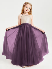 Long Junior Bridesmaid Gown Sequined Top Tulle Skirt Plum