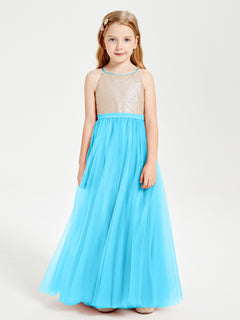 Long Junior Bridesmaid Gown Sequined Top Tulle Skirt Pool