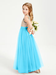 Long Junior Bridesmaid Gown Sequined Top Tulle Skirt Pool