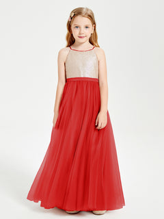 Long Junior Bridesmaid Gown Sequined Top Tulle Skirt Red