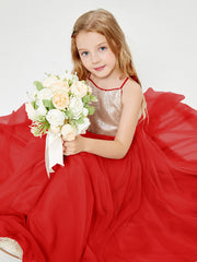 Long Junior Bridesmaid Gown Sequined Top Tulle Skirt Red
