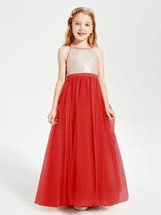 Long Junior Bridesmaid Gown Sequined Top Tulle Skirt Red