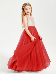 Long Junior Bridesmaid Gown Sequined Top Tulle Skirt Red