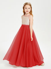 Long Junior Bridesmaid Gown Sequined Top Tulle Skirt Red