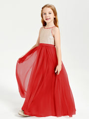 Long Junior Bridesmaid Gown Sequined Top Tulle Skirt Red