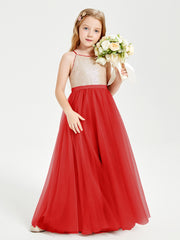 Long Junior Bridesmaid Gown Sequined Top Tulle Skirt Red