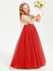 Long Junior Bridesmaid Gown Sequined Top Tulle Skirt Red