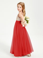 Long Junior Bridesmaid Gown Sequined Top Tulle Skirt Red