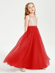 Long Junior Bridesmaid Gown Sequined Top Tulle Skirt Red