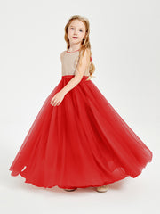 Long Junior Bridesmaid Gown Sequined Top Tulle Skirt Red