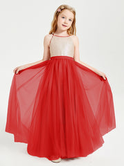 Long Junior Bridesmaid Gown Sequined Top Tulle Skirt Red