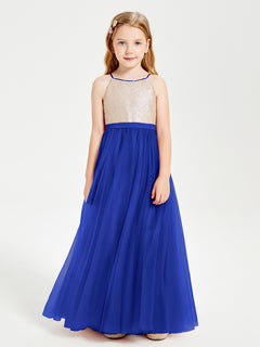 Long Junior Bridesmaid Gown Sequined Top Tulle Skirt Royal Blue