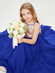 Long Junior Bridesmaid Gown Sequined Top Tulle Skirt Royal Blue