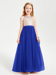 Long Junior Bridesmaid Gown Sequined Top Tulle Skirt Royal Blue