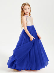 Long Junior Bridesmaid Gown Sequined Top Tulle Skirt Royal Blue