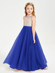 Long Junior Bridesmaid Gown Sequined Top Tulle Skirt Royal Blue