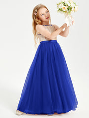 Long Junior Bridesmaid Gown Sequined Top Tulle Skirt Royal Blue
